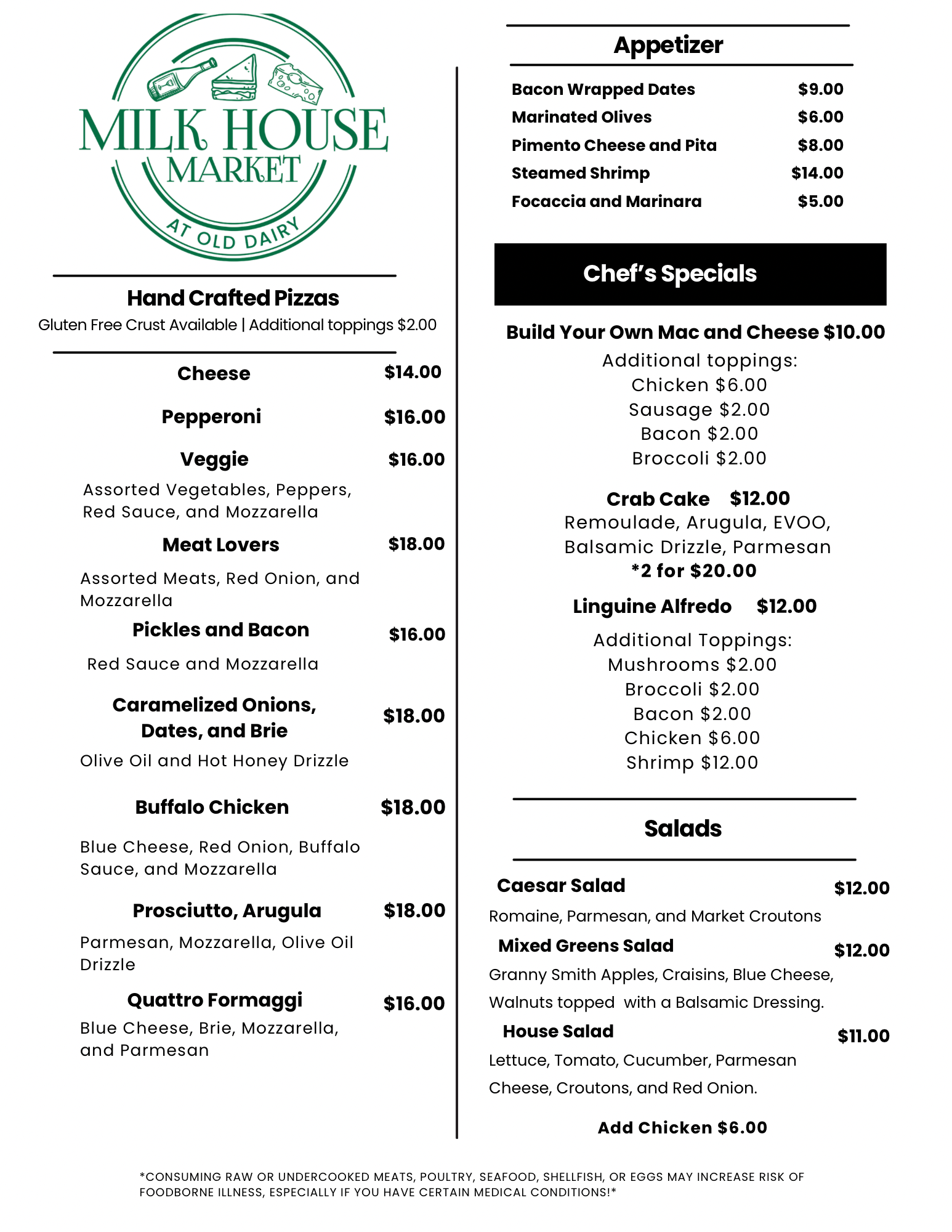 Milk House Market dinner menu with pizzas, appetizers, salads and chef specials